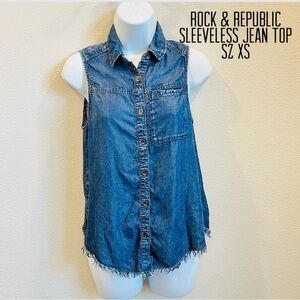 Rock & Republic women Dk Blue sleeveless jean shirt button front, collar Sz XS